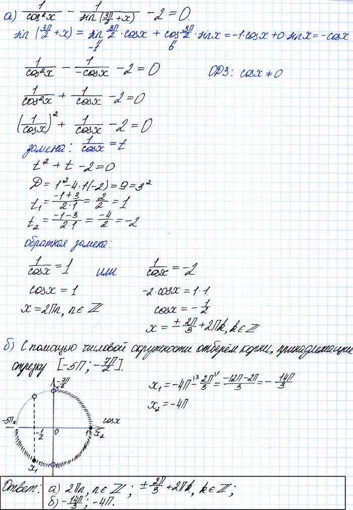 Решите уравнение 1/cos^2 x-1/sin (3π/2+x)-2=0.