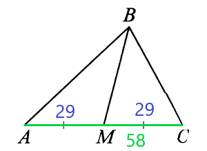 Решение №3893 В треугольнике ABC известно, что AC = 58, BM - медиана, BM = 37. Найдите AM.