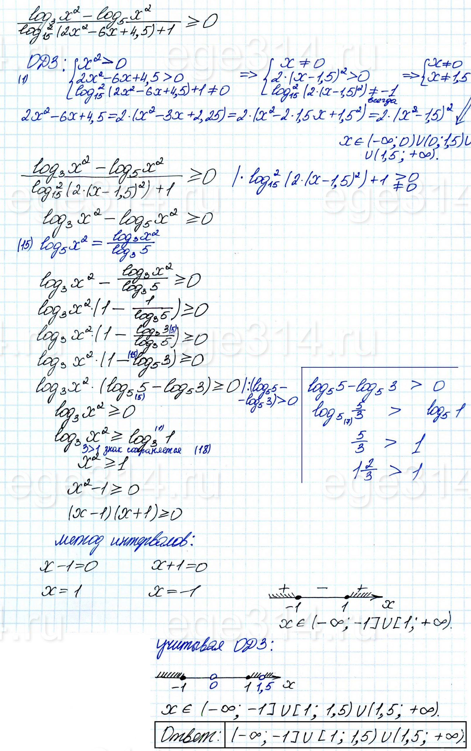 Решите неравенство (log3 x^2-log5 x^2)/((log15 (2x^2-6x+4,5))^2+1) >= 0.