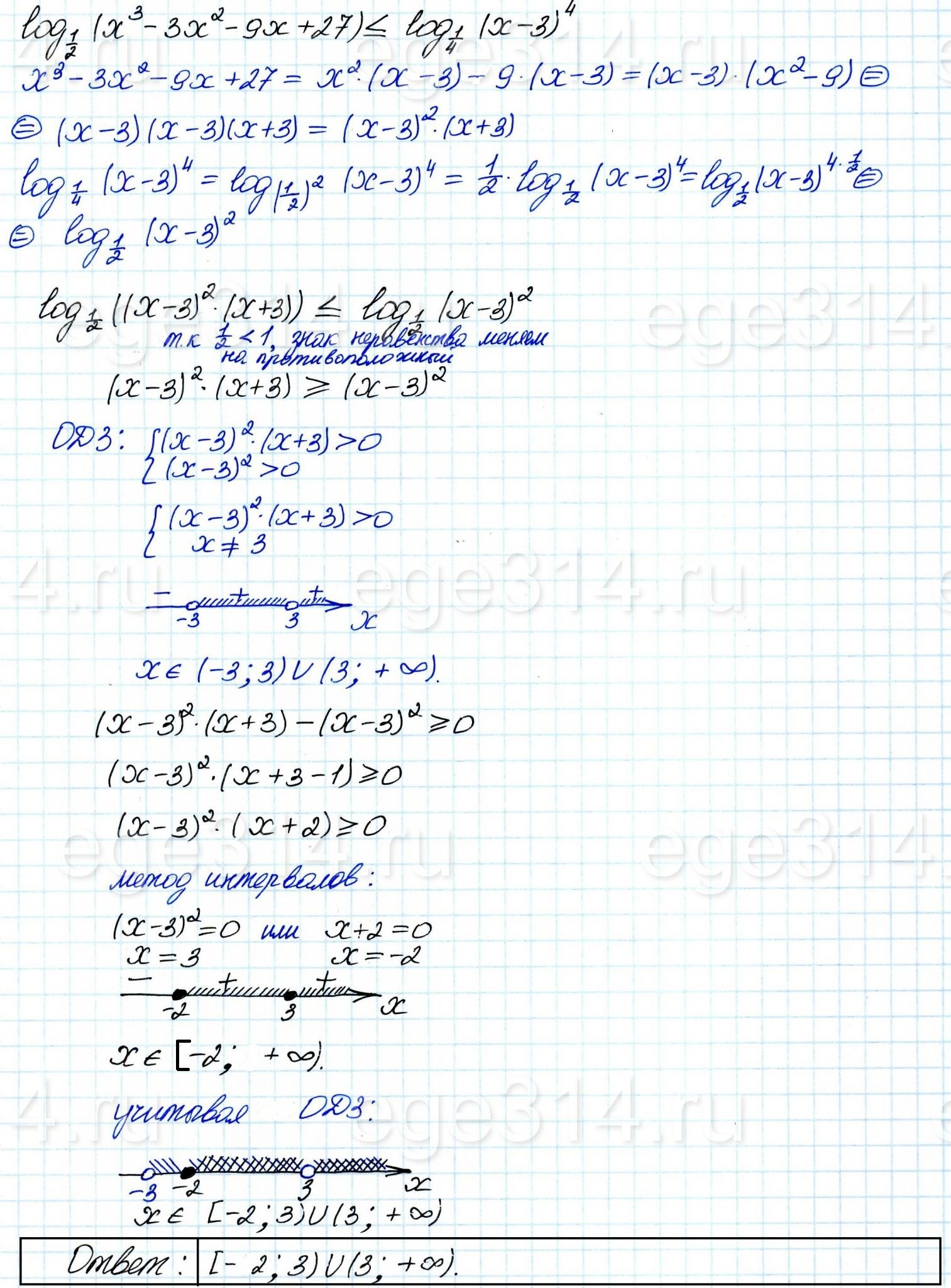 log1/2 (x^3-3x^2-9x+27)<=log1/4 (x-3)^4.