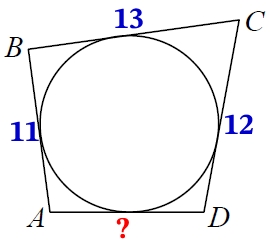 Четырёхугольник ABCD описан около окружности, AB = 11, BC = 13, CD = 12.