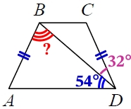 В трапеции ABCD известно, что AB = CD, ∠BDA = 54° и ∠BDC = 32°.