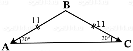 В треугольнике ABC известно, что стороны AB и BC равны 11, а угол BAC равен 30°.