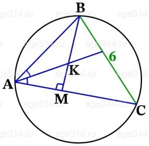 В треугольнике ABC биссектриса угла A делит высоту, проведённую из вершины B, в отношении 54, считая от точки B.