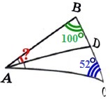 Решение №4436 В треугольнике ABC известно, что ∠ABC = 100°, ∠ACB = 52°, AD – биссектриса.