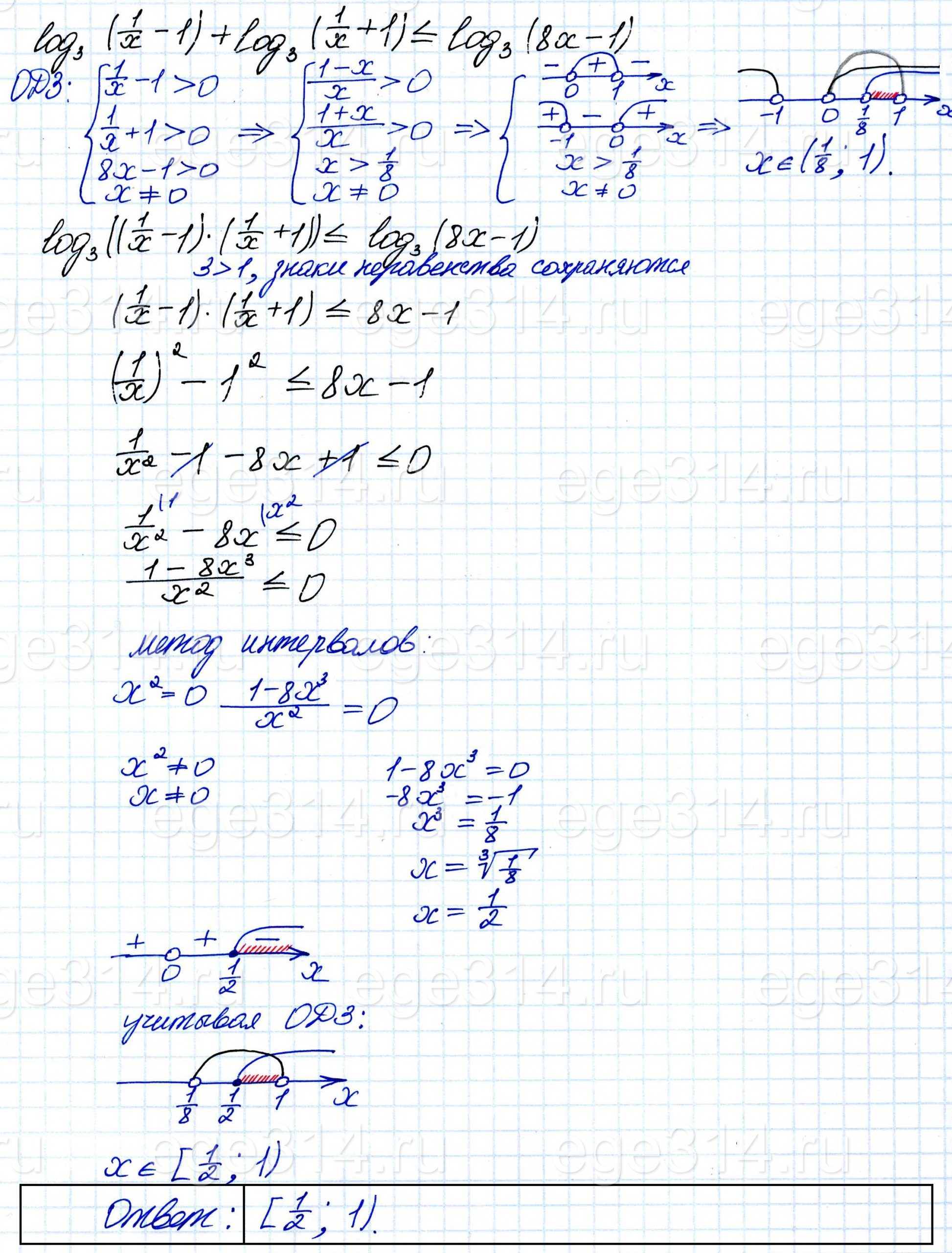 Решите неравенство log3(1/x – 1) + log3(1/x + 1) <= log3(8x – 1).