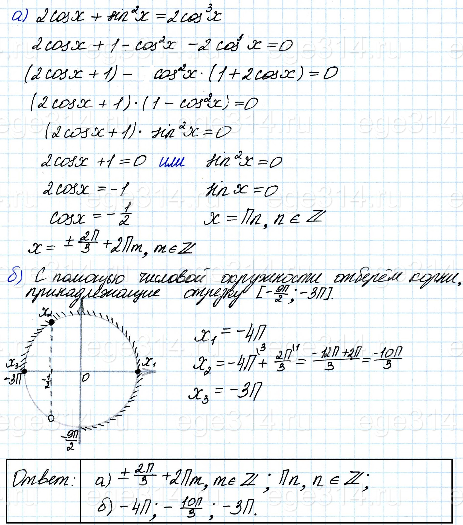 Решите уравнение 2cosx + sin^2 x = 2cos^3 x