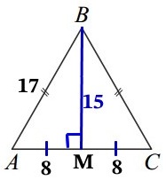 В треугольнике ABC известно, что AB = BC = 17, AC = 16. В треугольнике ABC известно, что AB = BC = 17, AC = 16.