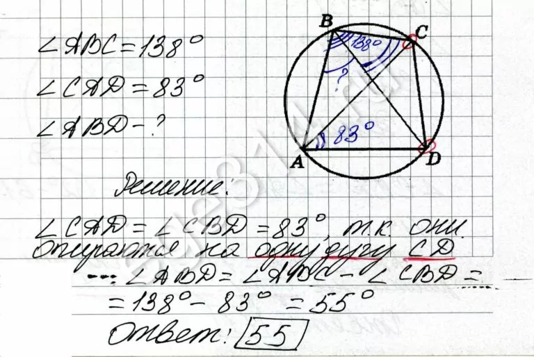 Четырёхугольник ABCD вписан в окружность. Угол ABC равен 138 градусов, угол CAD равен 83 градуса. Найдите угол ABD. Ответ дайте в градусах.