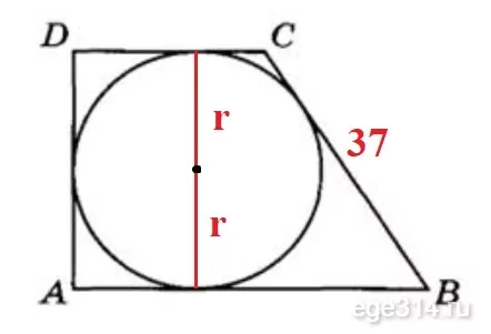 Нахождение радиуса окружности. AD = 2r. Боковая сторона равна 37.