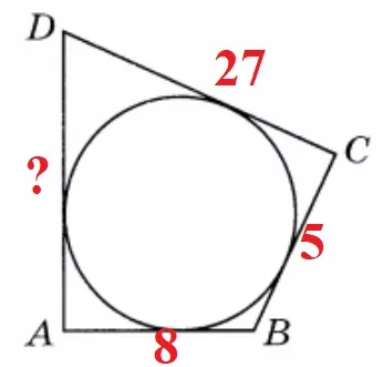 Найдите сторону DA В четырёхугольник ABCD вписана окружность, AB=8, BC=5 и CD=27.