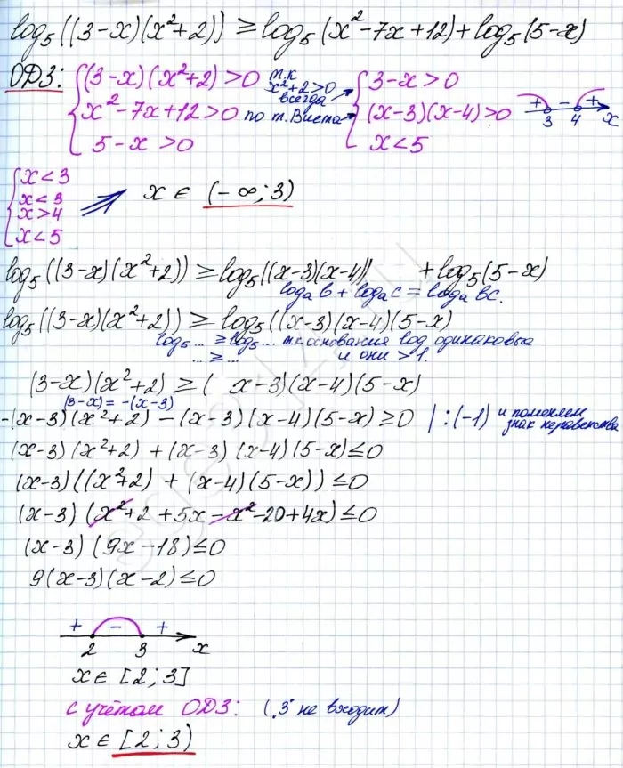 log5 ((3-x)(x^2+2))=log5 (x^2-7x+12)+log5 (5-x) Решите неравенство log5 ((3-x)(x^2+2))=log5 (x^2-7x+12)+log5 (5-x)