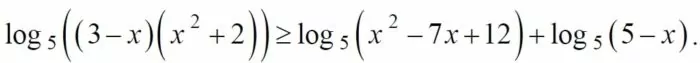 log5 ((3-x)(x^2+2))=log5 (x^2-7x+12)+log5 (5-x) Решите неравенство log5 ((3-x)(x^2+2))=log5 (x^2-7x+12)+log5 (5-x)