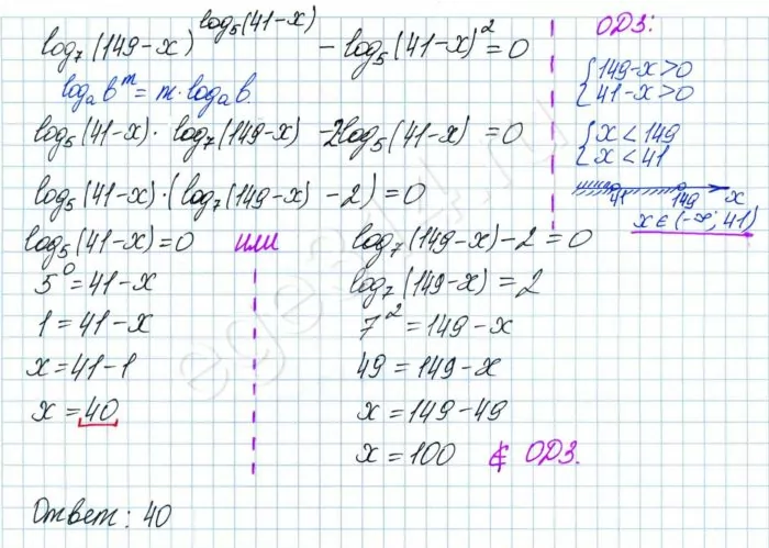 Решение №1057 Решить уравнение log7(149-x)^log5(41-x)-log5(41-x)^2=0