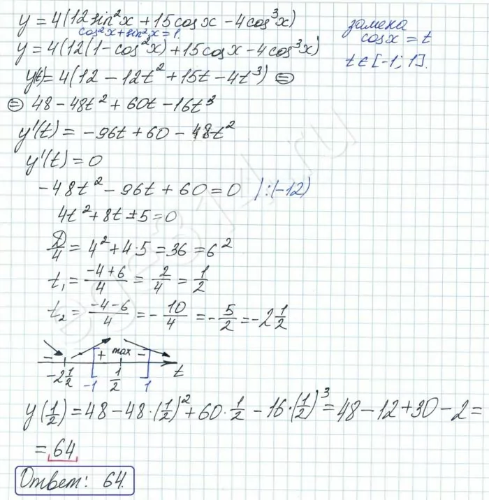 Найдите наибольшее значение функции: у = 4(12sin2x + 15cosx – 4cos3x) Найдите наибольшее значение функции: у = 4(12sin2x + 15cosx – 4cos3x)