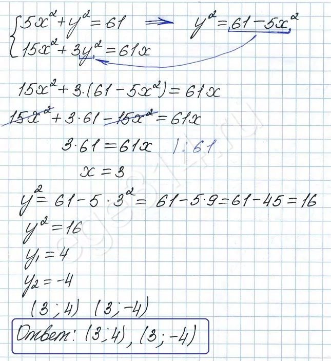 Решите систему уравнений 5х^2 + y^2 = 61 15x^2 + 3y^2 =61x Решите систему уравнений 5х^2 + y^2 = 61 15x^2 + 3y^2 =61x