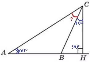 Решение №1950 В треугольнике ABC угол A равен 60°, CH — высота, угол BCH равен 19°. Найдите угол ACB.