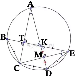 Точки A, B, C, D и E лежат на окружности в указанном порядке, причем BC = CD = DE, а AC⊥BE. Точка K – пересечение прямых BE и AD. Точки A, B, C, D и E лежат на окружности в указанном порядке, причем BC = CD = DE, а AC⊥BE. Точка K – пересечение прямых BE и AD.