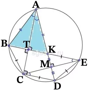 Точки A, B, C, D и E лежат на окружности в указанном порядке, причем BC = CD = DE, а AC⊥BE. Точка K – пересечение прямых BE и AD. Точки A, B, C, D и E лежат на окружности в указанном порядке, причем BC = CD = DE, а AC⊥BE. Точка K – пересечение прямых BE и AD.