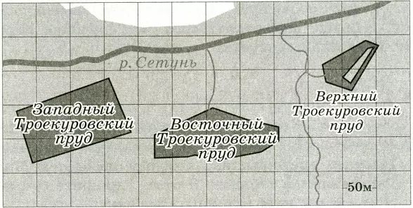 На фрагменте географической карты схематично изображены очертания водоёмов парка «Усадьба Троекурово» (длина стороны квадратной клетки равна 50 м). Оцените приближённо площадь Восточного Троекуровского пруда. Ответ дайте в квадратных метрах с округлением до целого значения. На фрагменте географической карты схематично изображены очертания водоёмов парка «Усадьба Троекурово» (длина стороны квадратной клетки равна 50 м). Оцените приближённо площадь Восточного Троекуровского пруда. Ответ дайте в квадратных метрах с округлением до целого значения.
