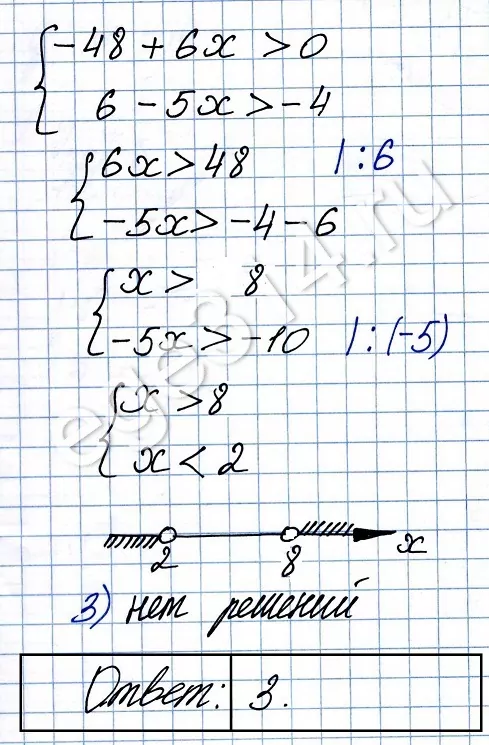Решение №2185 Укажите решение системы неравенств -48+6x>0 6-5x>-4 1) (2; 8) 3) нет решений 2) (–∞; 2) 4) (8; +∞)