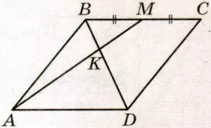 В параллелограмме АВСD отмечена точка М – середина стороны ВС. В параллелограмме АВСD отмечена точка М – середина стороны ВС.