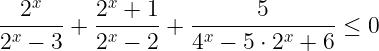 Решите неравенство 2^x(2^x-3) + (2^x+1)(2^x-2) + 5(4^x – 5∙2^x + 6) ≤ 0 Решите неравенство 2^x(2^x-3) + (2^x+1)(2^x-2) + 5(4^x – 5∙2^x + 6) ≤ 0