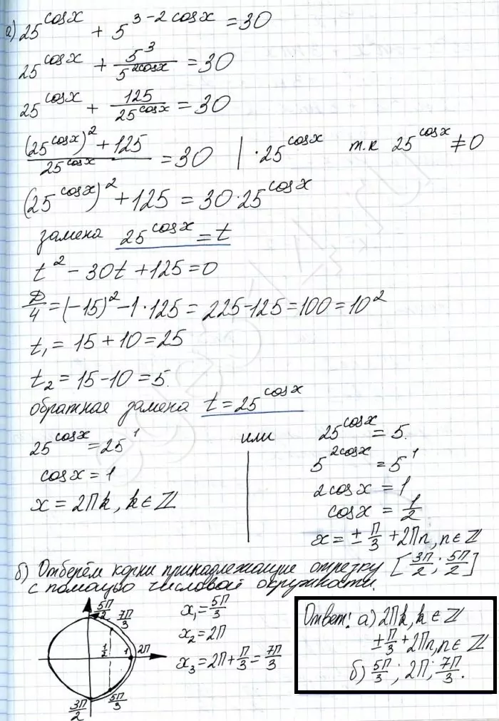Решение №968 Решите уравнение 25^cosx+5^(3-2cosx)=30