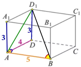 Найдите угол ABD1 прямоугольного параллелепипеда, для которого AB = 5, AD = 4, AA1 = 3. Найдите угол ABD1 прямоугольного параллелепипеда, для которого AB = 5, AD = 4, AA1 = 3.