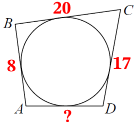 Четырёхугольник ABCD описан около окружности, AB = 8, BC = 20, CD = 17. Четырёхугольник ABCD описан около окружности, AB = 8, BC = 20, CD = 17.