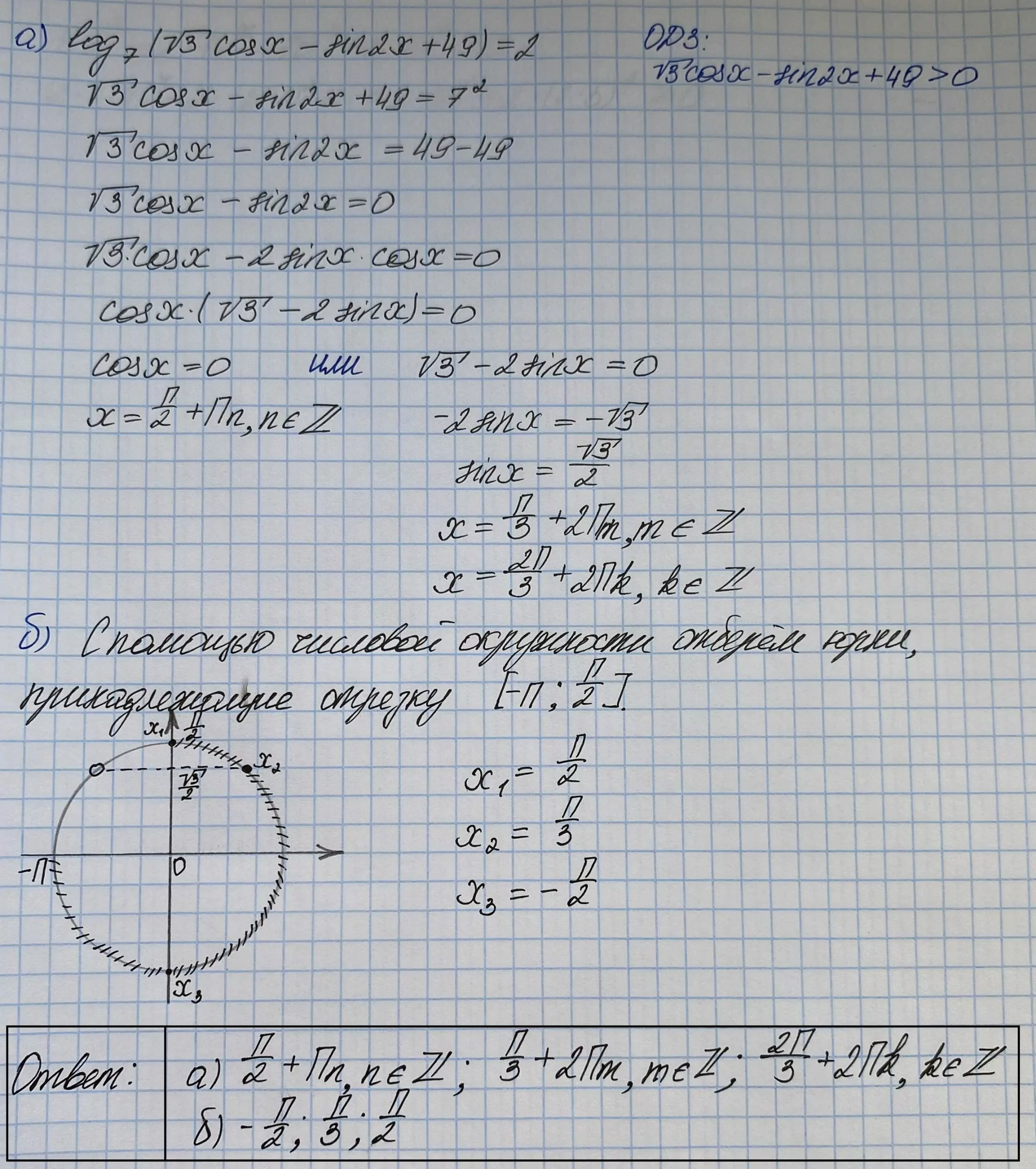 Решите уравнение log7 (√3cos x − sin 2x + 49) = 2. Решите уравнение log7 (√3cos x − sin 2x + 49) = 2.