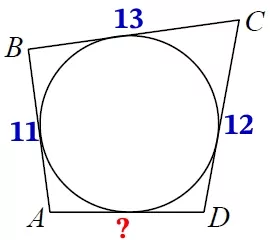 Четырёхугольник ABCD описан около окружности, AB = 11, BC = 13, CD = 12. Четырёхугольник ABCD описан около окружности, AB = 11, BC = 13, CD = 12.