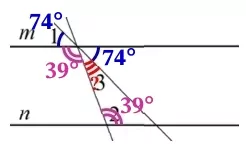 Прямые m и n параллельны (см. рисунок). Найдите ∠3, если ∠1 = 74°, ∠2 = 39°. Прямые m и n параллельны (см. рисунок). Найдите ∠3, если ∠1 = 74°, ∠2 = 39°.