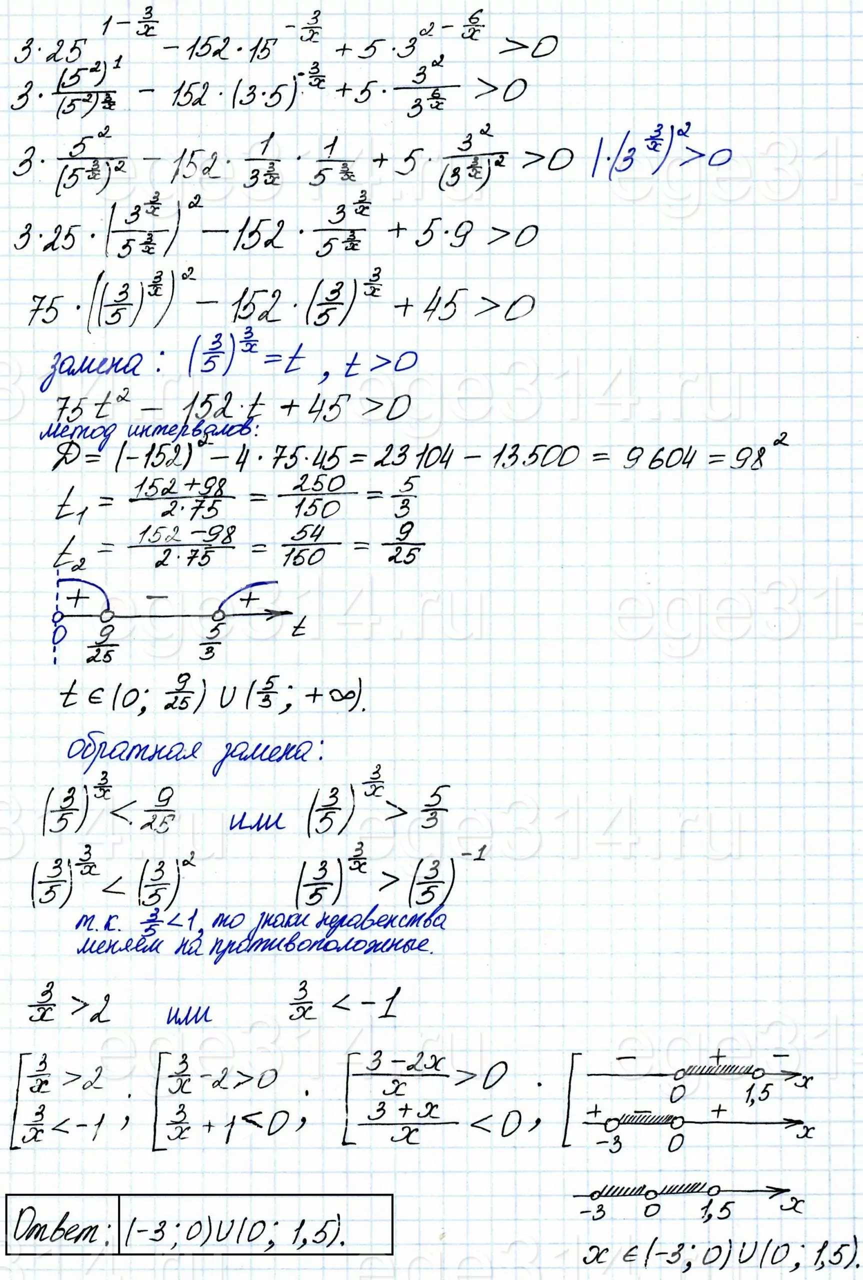 Решите неравенство 3*25^(1-3/x)-152*15^(-3/x)+5*3^(2-6/x)> 0. Решите неравенство 3*25^(1-3/x)-152*15^(-3/x)+5*3^(2-6/x)> 0.
