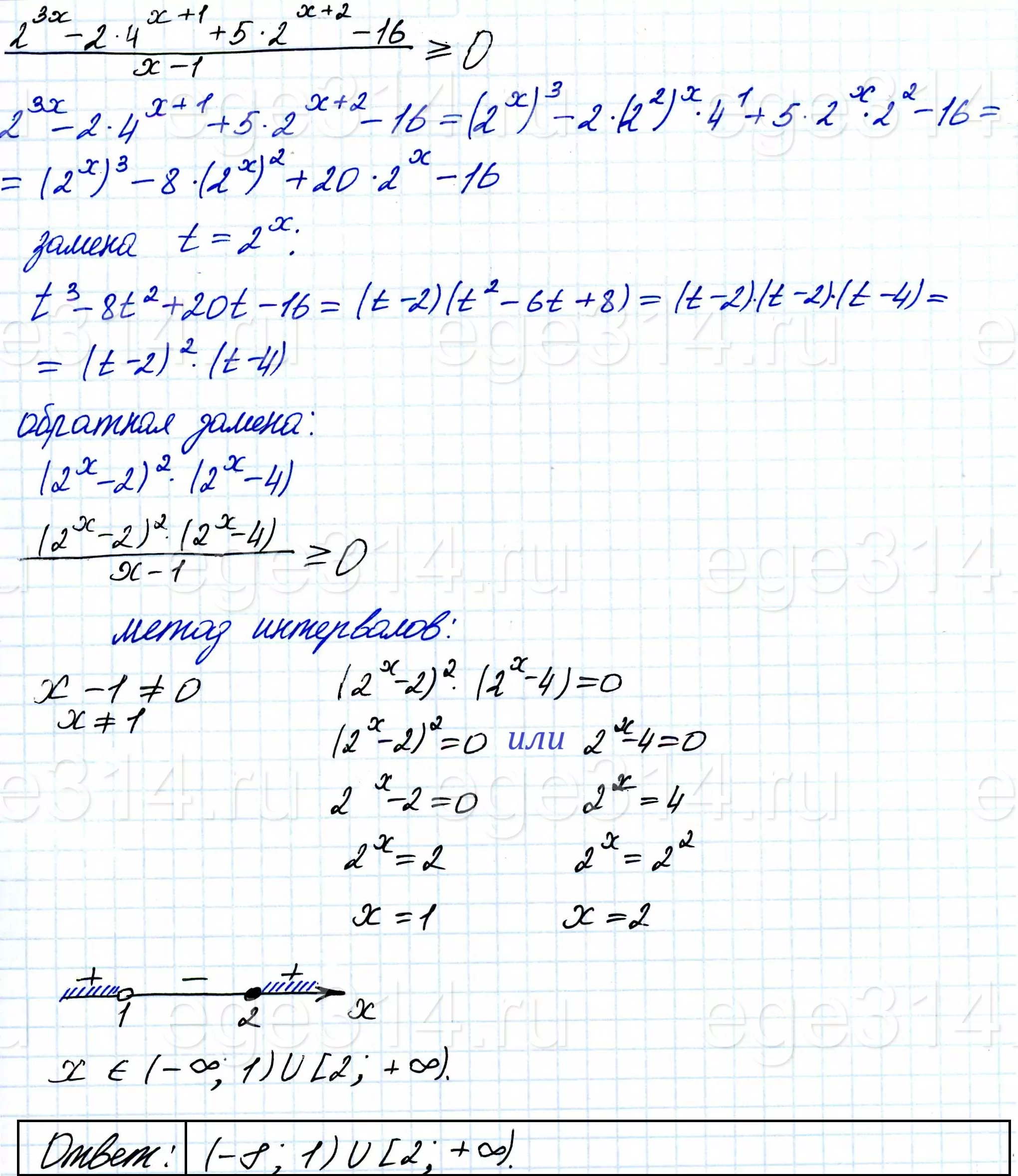 Решите неравенство (2^3x-2*4^(x+1)+5*2^(x+2)-16)/(x-1) ≥ 0. Решите неравенство (2^3x-2*4^(x+1)+5*2^(x+2)-16)/(x-1) ≥ 0.