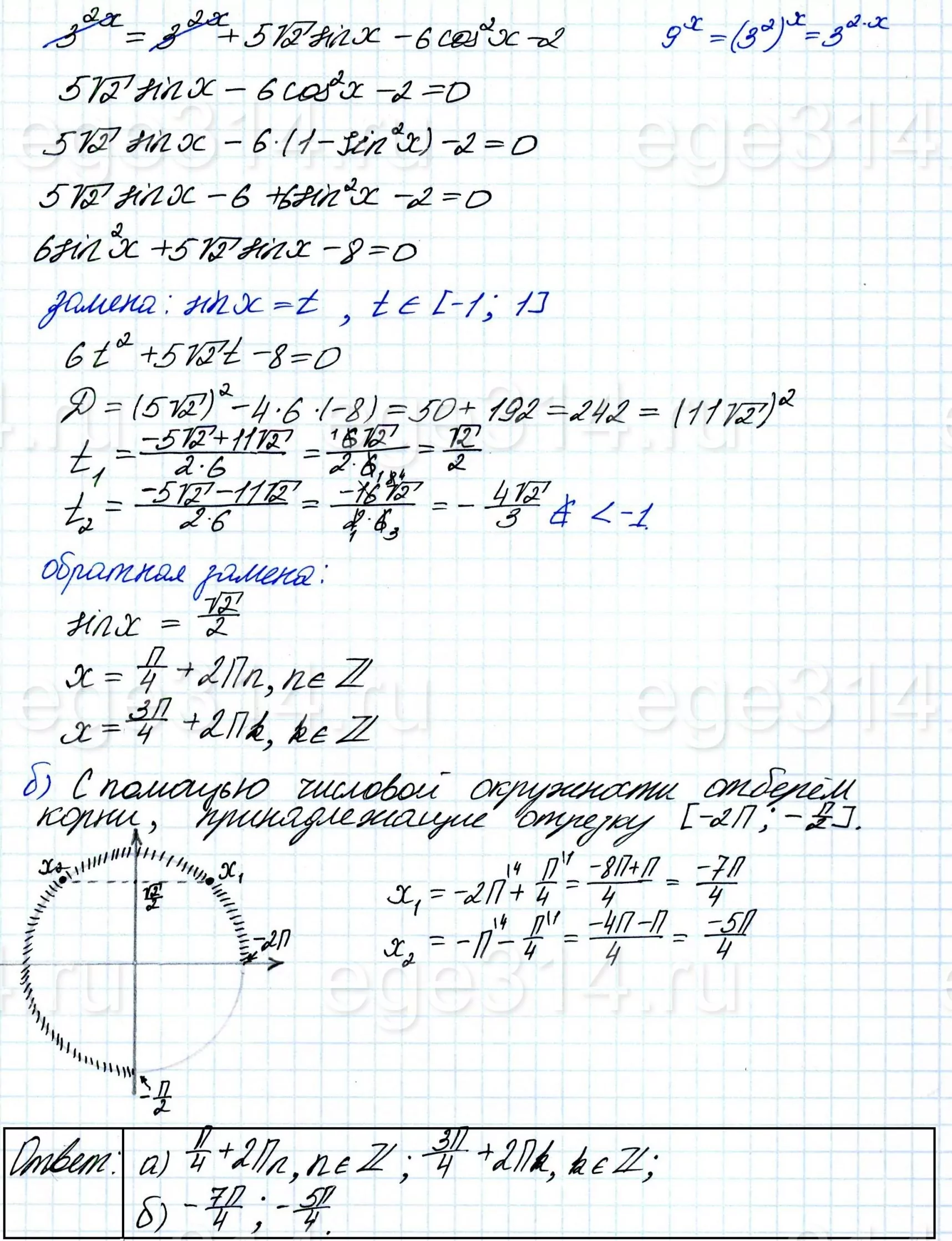 Решите уравнение log9 (3^2x + 5√2sinx – 6cos^2 x – 2) = x. Решите уравнение log9 (3^2x + 5√2sinx – 6cos^2 x – 2) = x.