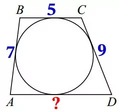 Трапеция ABCD с основаниями AD и BC описана около окружности, AB = 7, BC = 5, CD = 9. Трапеция ABCD с основаниями AD и BC описана около окружности, AB = 7, BC = 5, CD = 9.