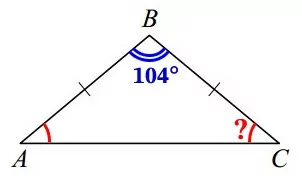 В треугольнике ABC известно, что AB = BC, ∠ABC = 104°. В треугольнике ABC известно, что AB = BC, ∠ABC = 104°.