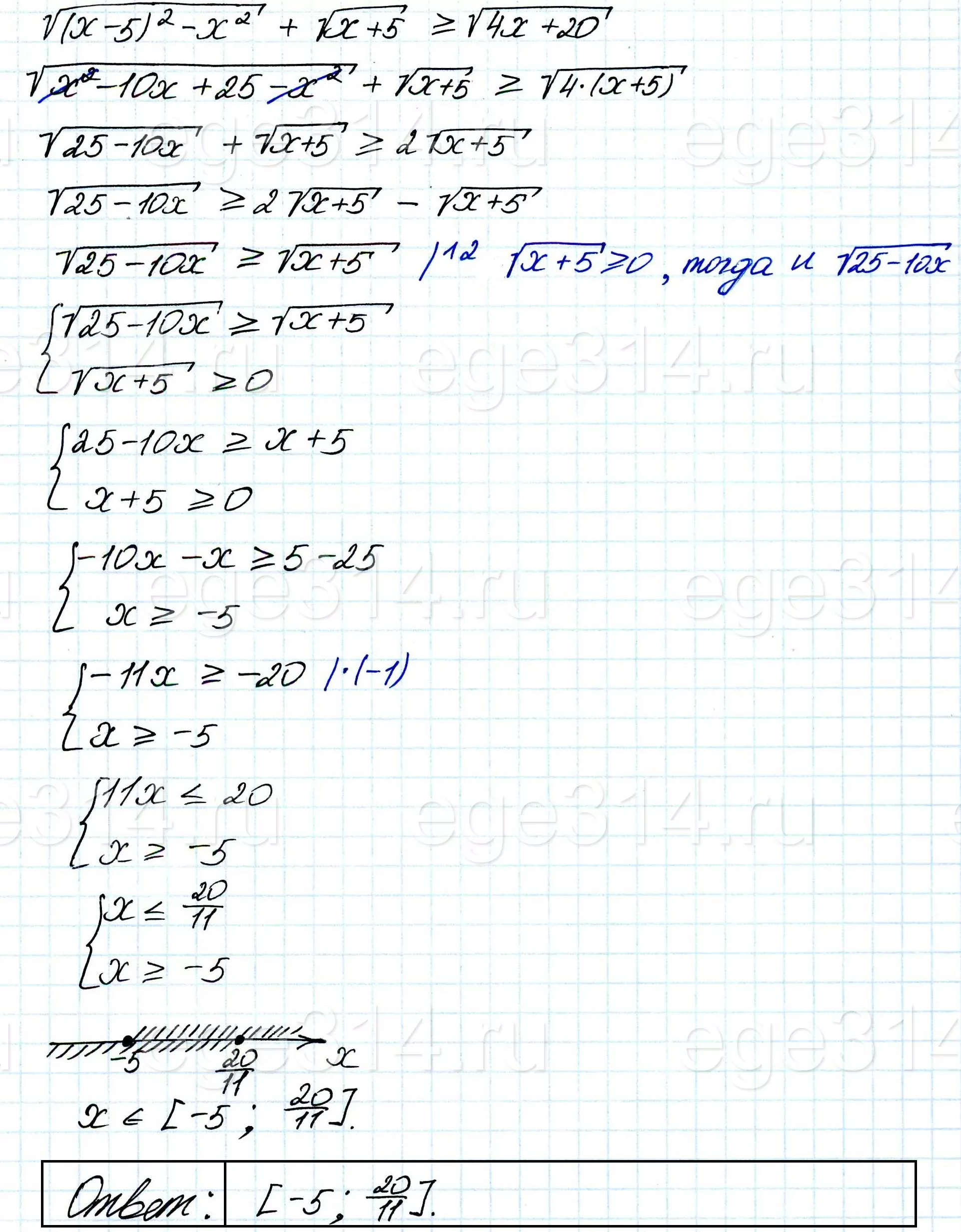 Решите неравенство √((x-5)^2-x^2)+√(x+5) ≥ √(4x+20). Решите неравенство √((x-5)^2-x^2)+√(x+5) ≥ √(4x+20).
