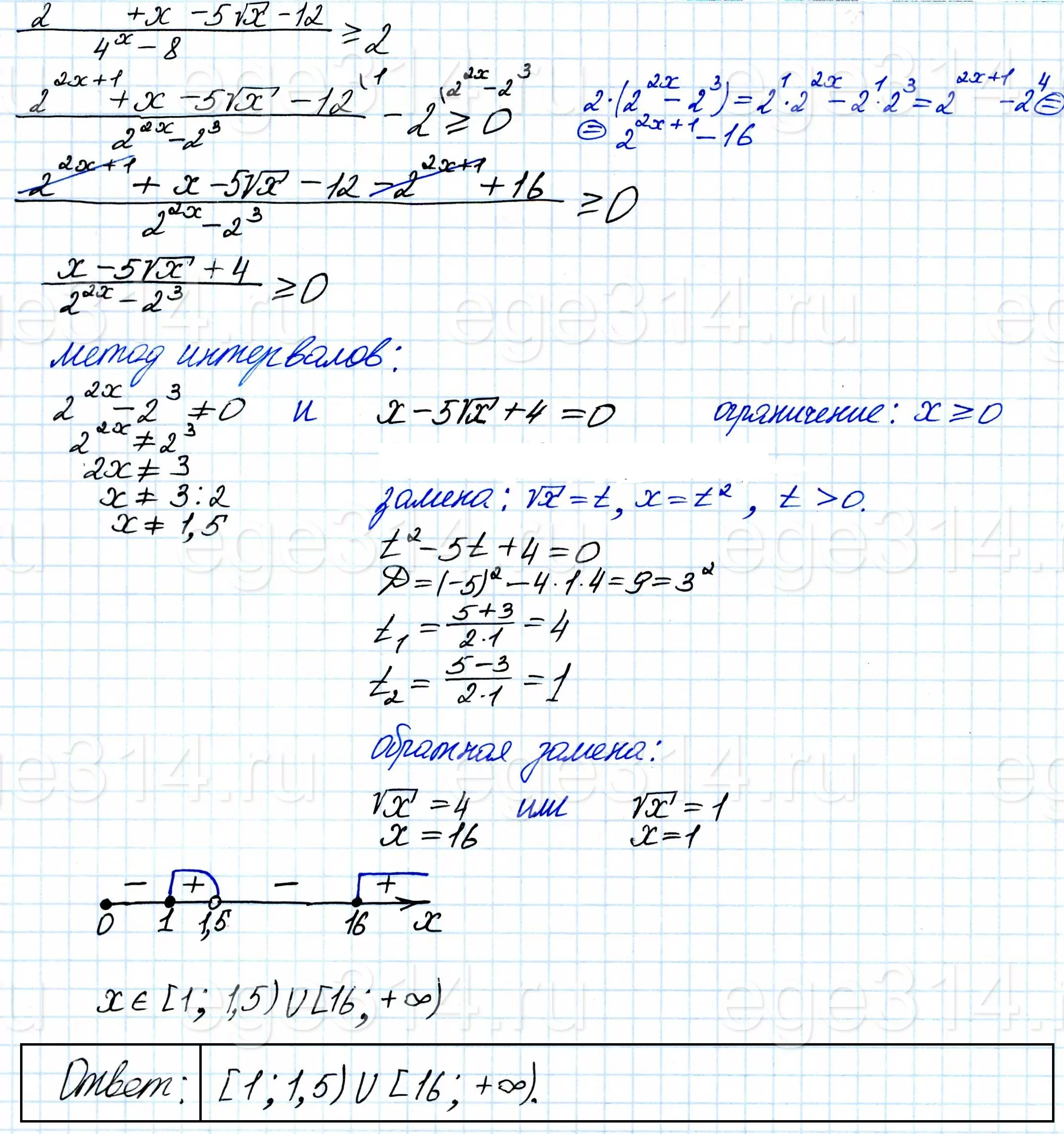 Решите неравенство (2^(2x+1)+x-5√x-12)(4^x-8) ≥ 2. Решите неравенство (2^(2x+1)+x-5√x-12)(4^x-8) ≥ 2.